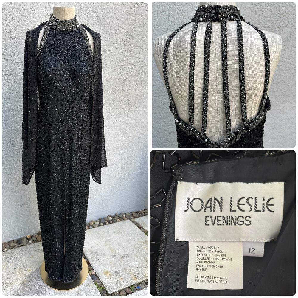 Vintage Joan Leslie Evenings Black Beaded Gown & Shawl Set